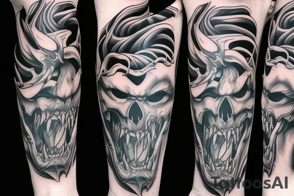 Viper head coiling arm sleeve. Menacing very wide open mouth with big fangs tattoo idea
