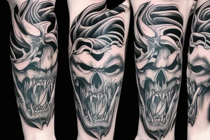 Viper head coiling arm sleeve. Menacing very wide open mouth with big fangs tattoo idea
