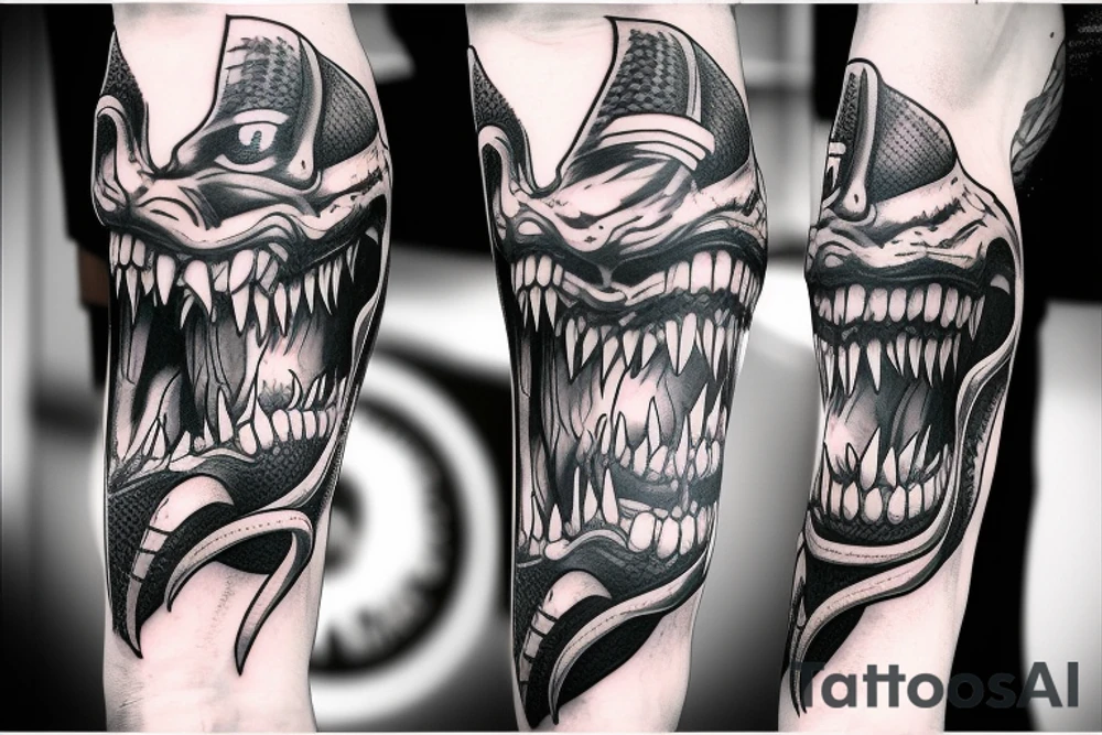 Viper head coiling arm sleeve. Menacing very wide open mouth with big fangs tattoo idea