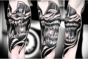 Viper head coiling arm sleeve. Menacing very wide open mouth with big fangs tattoo idea