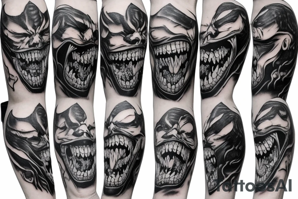 Viper head coiling arm sleeve. Menacing very wide open mouth with big fangs tattoo idea