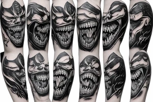 Viper head coiling arm sleeve. Menacing very wide open mouth with big fangs tattoo idea