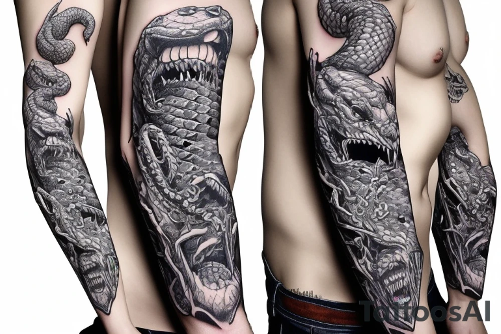 diamondback SNAKE coiling arm sleeve. Menacing very wide open mouth with big fangs tattoo idea