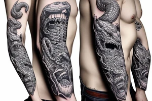 diamondback SNAKE coiling arm sleeve. Menacing very wide open mouth with big fangs tattoo idea