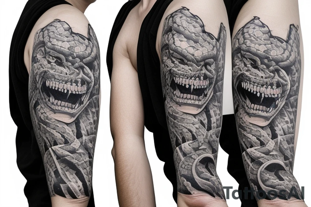 diamondback SNAKE coiling arm sleeve. Menacing very wide open mouth with big fangs tattoo idea