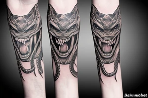 diamondback SNAKE coiling arm sleeve. Menacing very wide open mouth with big fangs facing shoulder tattoo idea