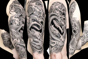 diamondback SNAKE coiling arm sleeve. Menacing very wide open mouth with big fangs facing shoulder tattoo idea