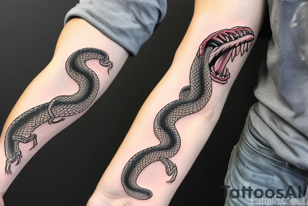 diamondback SNAKE coiling arm sleeve. Menacing very wide open mouth with big fangs. Snake is facing north tattoo idea