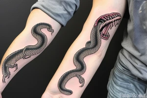 diamondback SNAKE coiling arm sleeve. Menacing very wide open mouth with big fangs. Snake is facing north tattoo idea