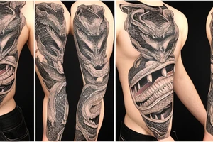 diamondback SNAKE coiling arm sleeve. Menacing very wide open mouth with big fangs. Snake is facing north tattoo idea