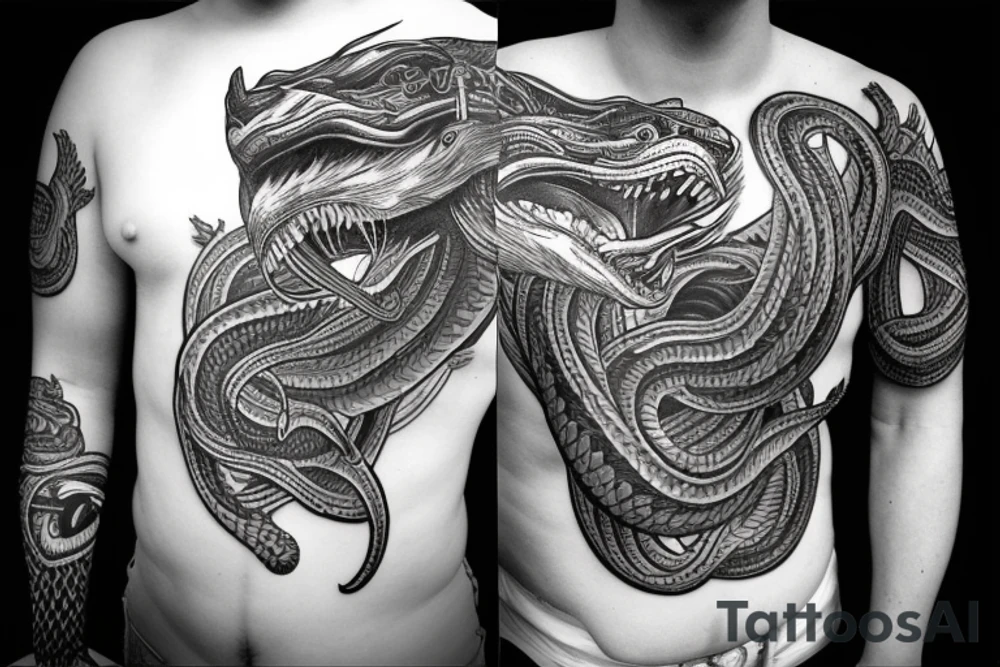 King cobra SNAKE coiling arm sleeve. Menacing very wide open mouth with big fangs. Snake is facing north. Polynesian tattoo idea