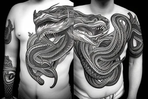 King cobra SNAKE coiling arm sleeve. Menacing very wide open mouth with big fangs. Snake is facing north. Polynesian tattoo idea