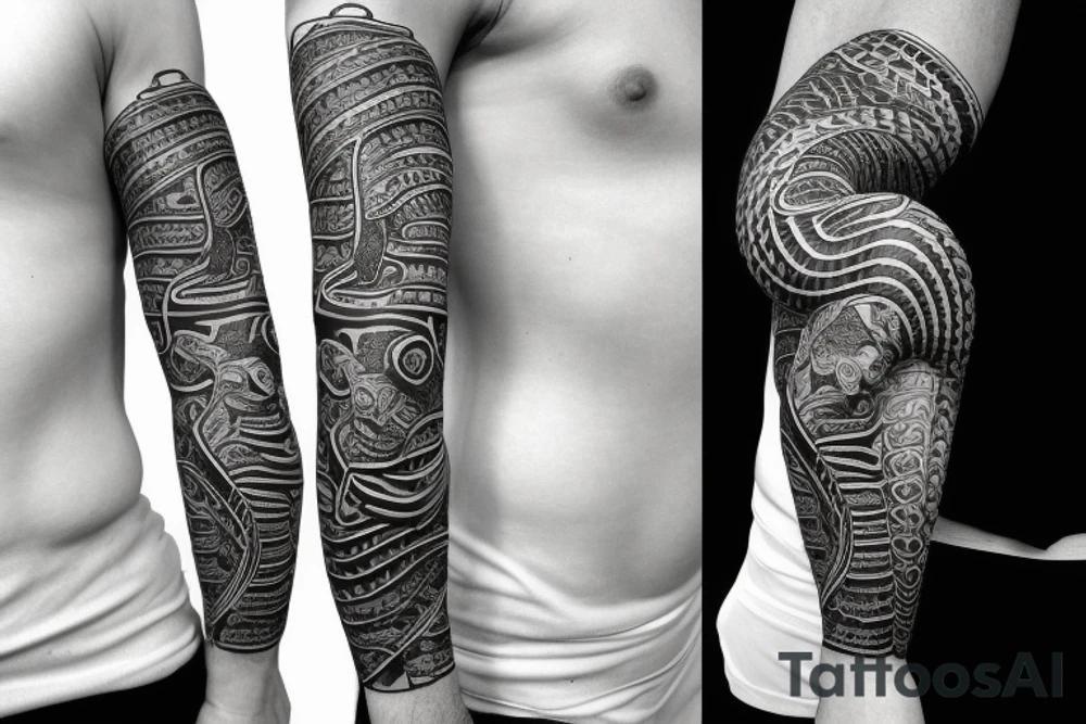 King cobra SNAKE coiling arm sleeve. Menacing very wide open mouth with big fangs. Snake is facing north. Polynesian tattoo idea