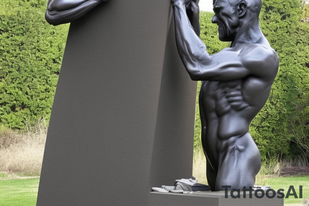 The picture of a sculpture is a bronze statue of a man, standing at around 12 feet tall. The man is depicted as chiseling himself out of a block of stone, symbolizing the idea of self-creation and self-reliance. He is typically depicted as muscular man and has a determined expression on his face. He is shown as a hardworking man, with a hammer and chisel in hand, working on shaping and creating himself. tattoo idea