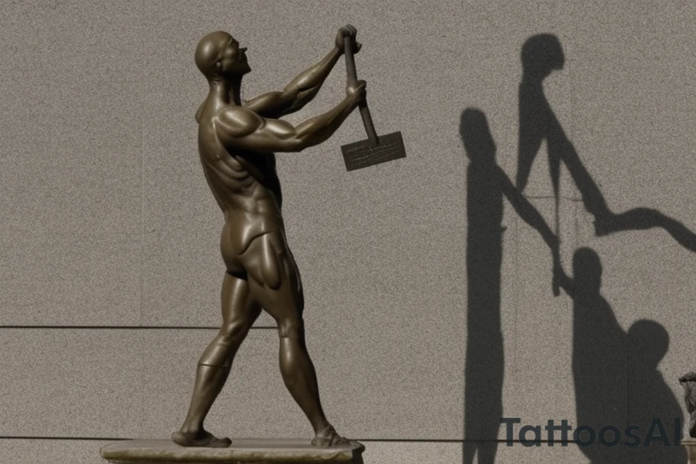 The picture of a sculpture is a bronze statue of a man, standing at around 12 feet tall. The man is depicted as chiseling himself out of a block of stone, symbolizing the idea of self-creation and self-reliance. He is typically depicted as muscular man and has a determined expression on his face. He is shown as a hardworking man, with a hammer and chisel in hand, working on shaping and creating himself. tattoo idea