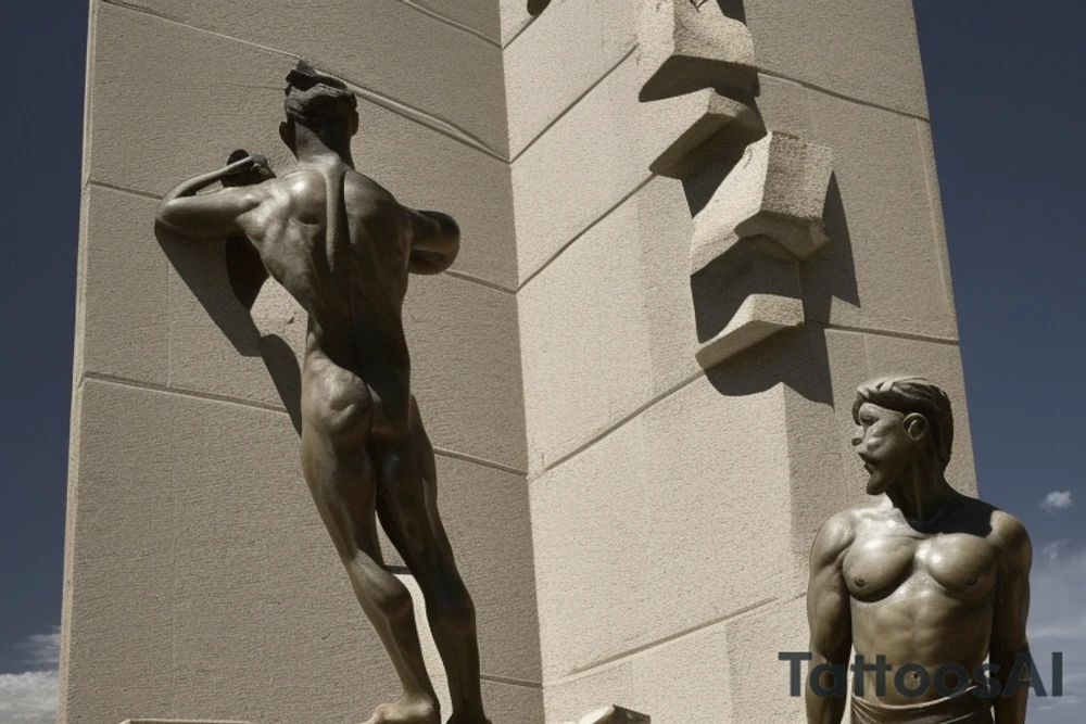 The picture of a sculpture is a bronze statue of a man, standing at around 12 feet tall. The man is depicted as chiseling himself out of a block of stone, symbolizing the idea of self-creation and self-reliance. He is typically depicted as muscular man and has a determined expression on his face. He is shown as a hardworking man, with a hammer and chisel in hand, working on shaping and creating himself. tattoo idea