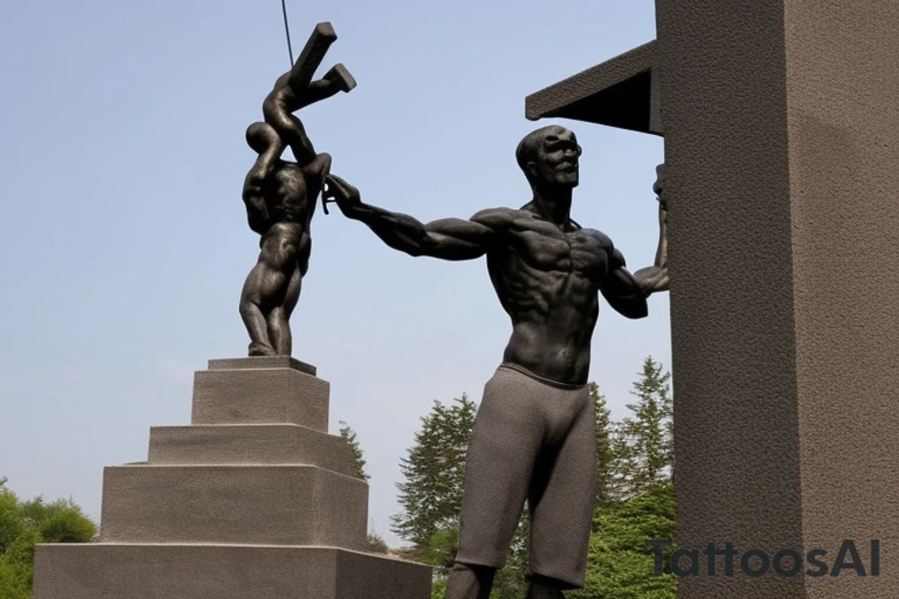 The picture of a sculpture is a bronze statue of a man, standing at around 12 feet tall. The man is depicted as chiseling himself out of a block of stone, symbolizing the idea of self-creation and self-reliance. He is typically depicted as muscular man and has a determined expression on his face. He is shown as a hardworking man, with a hammer and chisel in hand, working on shaping and creating himself. tattoo idea