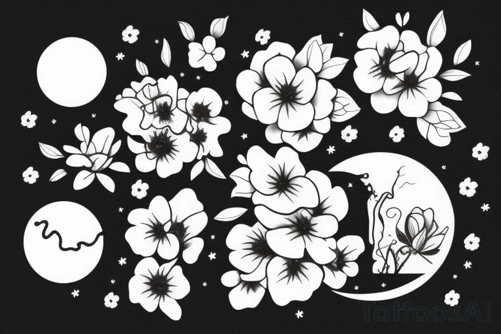 Moon with nocturnal flowers in bloom, self love, Italy tattoo idea
