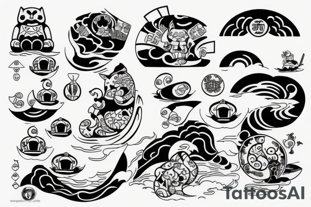 maneki-neko surf wave tattoo idea