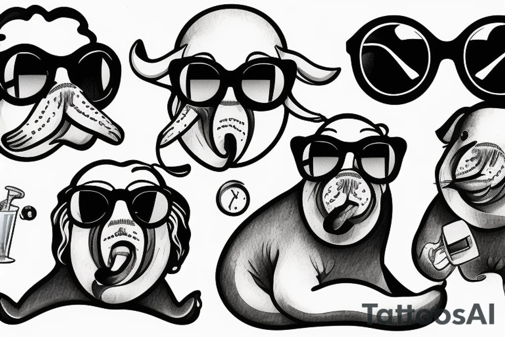 walrus in cool sunglasses with a water pistol in flippers tattoo idea