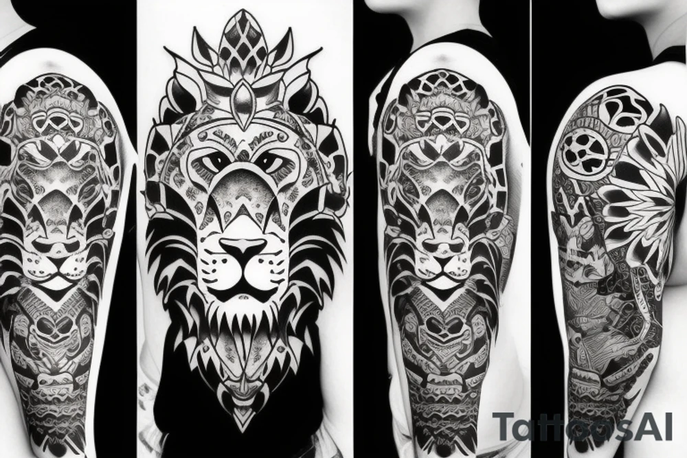 lion with red eyes sleeve tattoo idea