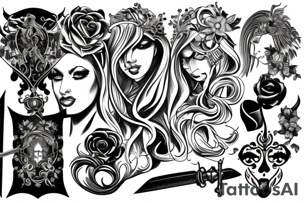Sword with engraving of Femme Vie Liberte tattoo idea