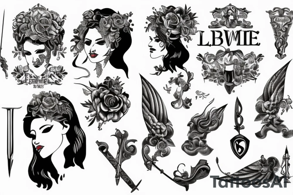 Sword with word engraving of “Femme Vie Liberte” tattoo idea
