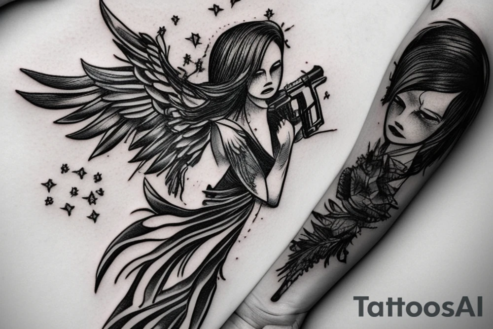 falling angel with rifle tattoo idea