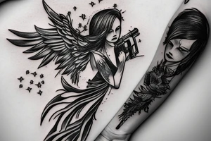falling angel with rifle tattoo idea