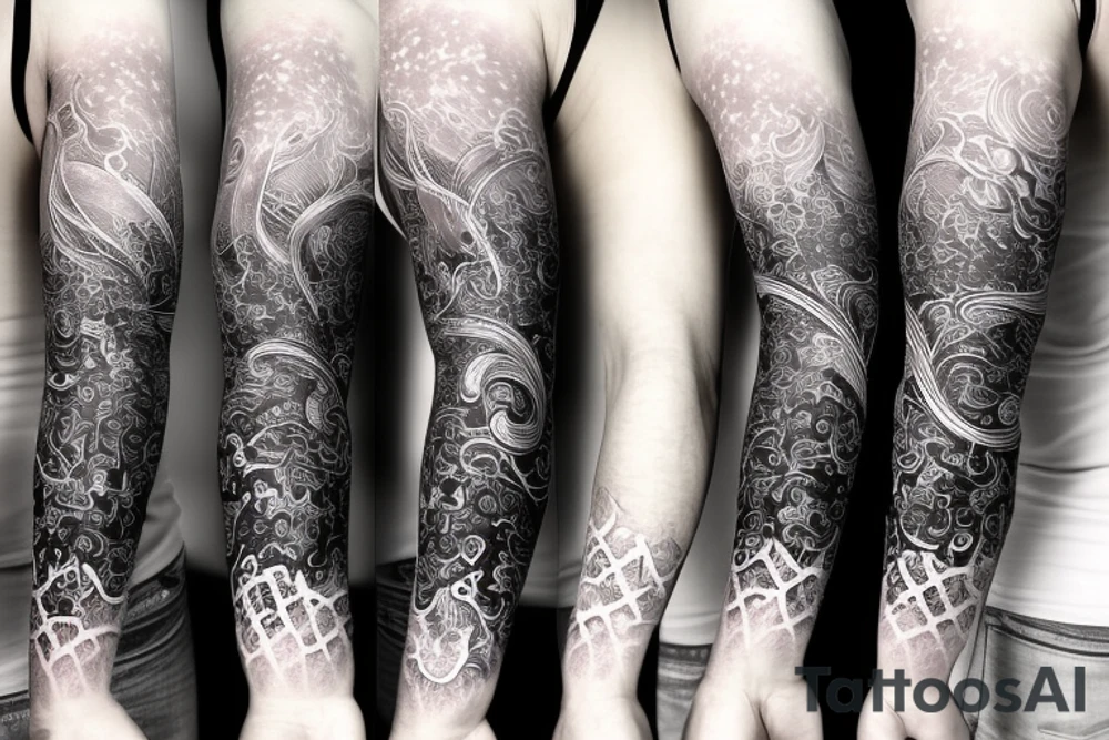 arm sleeve starting on top very dark, gradient to no color with snawflakes falling from top to bottom tattoo idea