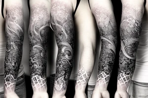 arm sleeve starting on top very dark, gradient to no color with snawflakes falling from top to bottom tattoo idea