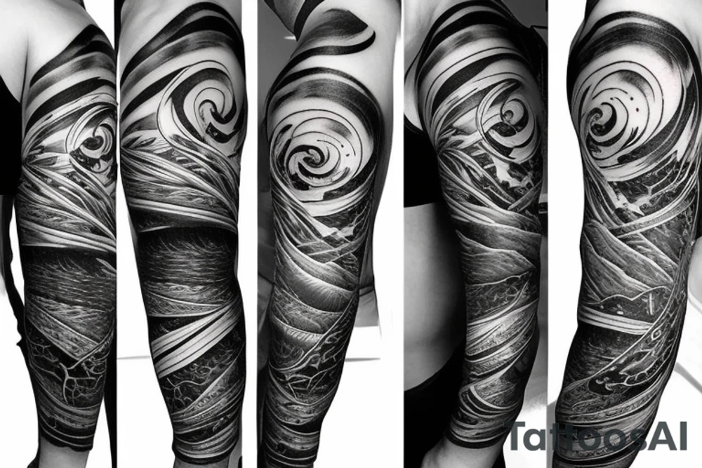 arm sleeve starting with a straight line on top, below the shoulder, top is very dark, gradient to no color ending above the elbow, with snawflakes falling from top to bottom tattoo idea