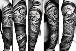 arm sleeve starting with a straight line on top, below the shoulder, top is very dark, gradient to no color ending above the elbow, with snawflakes falling from top to bottom tattoo idea