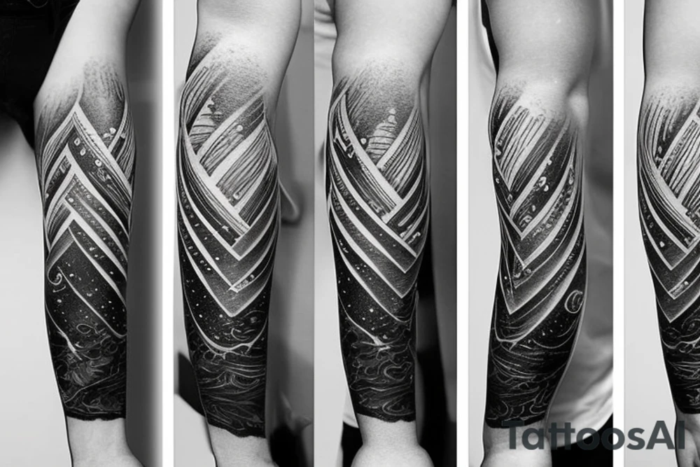 arm sleeve starting with a straight line on top, below the shoulder, top is very dark, gradient to no color ending above the elbow, with snawflakes falling from top to bottom tattoo idea