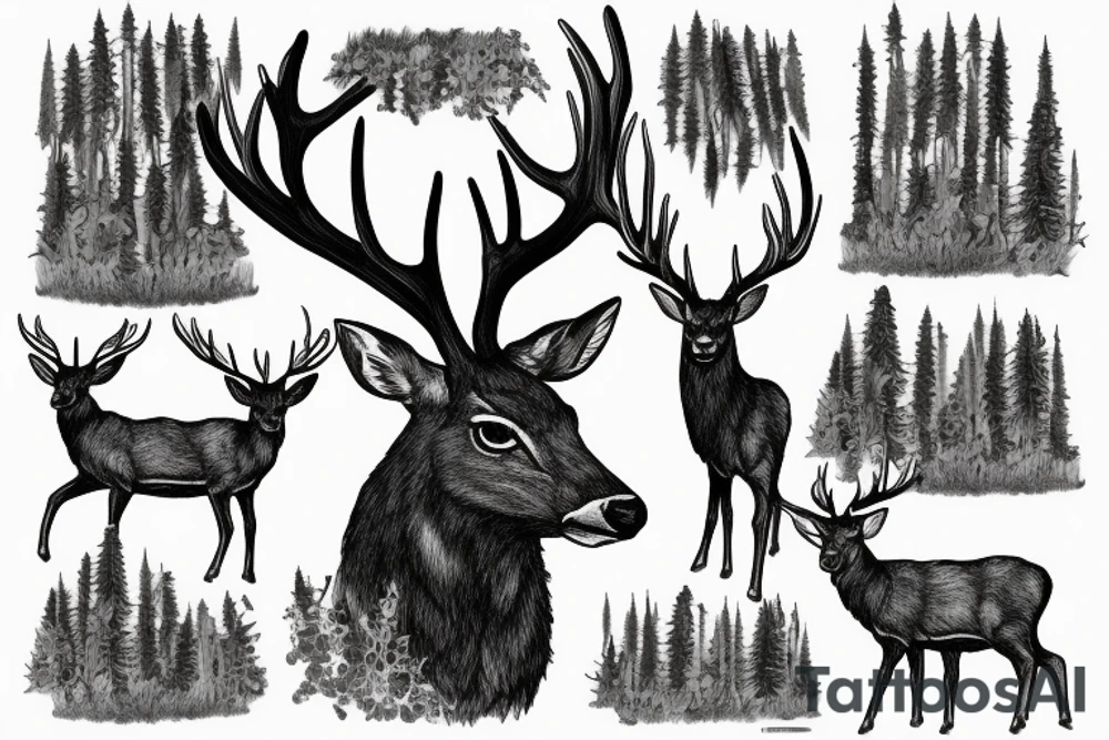 Stag standing in Forrest next to a lake tattoo idea