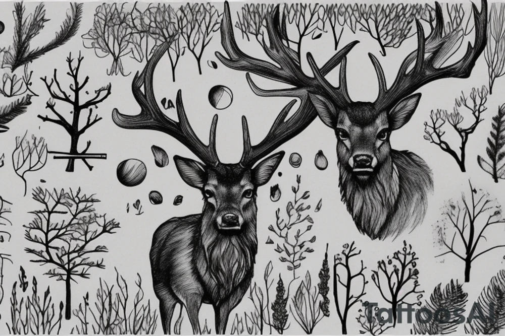 Small Stag standing in large Forrest next to a lake tattoo idea