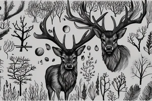 Small Stag standing in large Forrest next to a lake tattoo idea