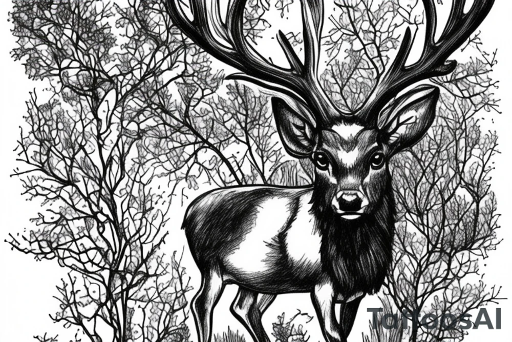 Small Stag standing in large Forrest next to a lake tattoo idea
