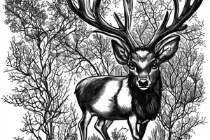Small Stag standing in large Forrest next to a lake tattoo idea