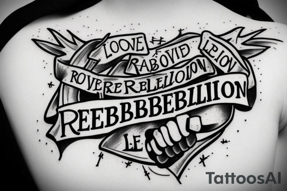 the word 'Rebelion' and an anarchy fist with the words 'love, AboveColin' beneath it. tattoo idea