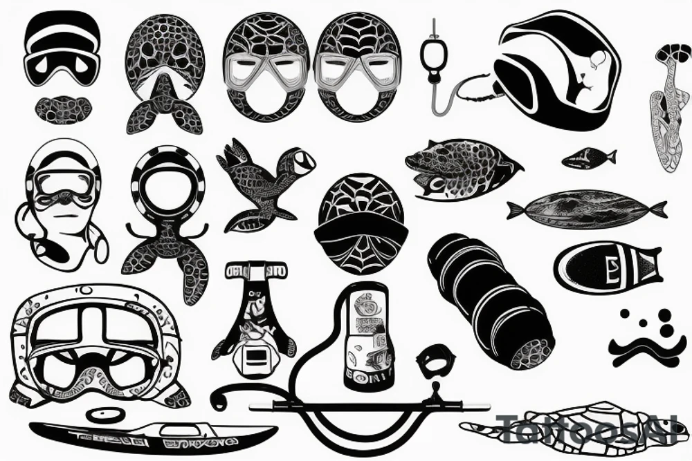 diving helmet with sea turtle and stand up paddle board tattoo idea