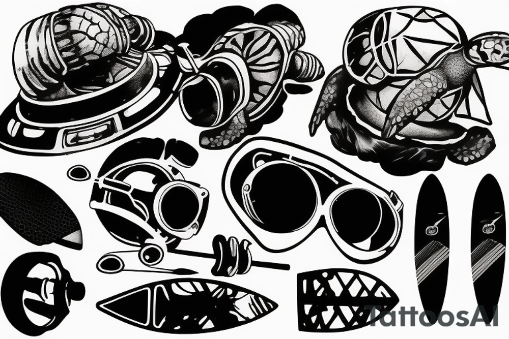 old diving helmet with sea turtle and stand-up paddle board tattoo idea