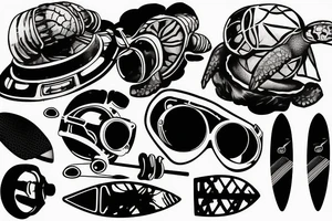 old diving helmet with sea turtle and stand-up paddle board tattoo idea