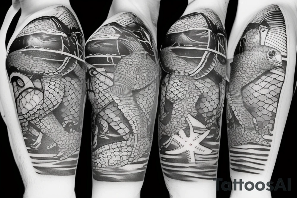 old diving helmet with sea turtle and stand-up paddle board tattoo idea
