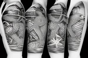 old diving helmet with sea turtle and stand-up paddle board tattoo idea