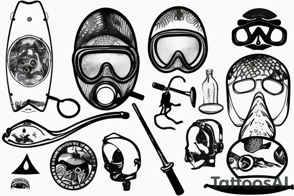 old diving helmet with sea turtle and stand-up paddle board tattoo idea
