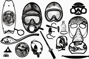 old diving helmet with sea turtle and stand-up paddle board tattoo idea
