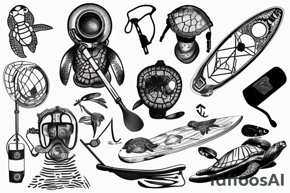 old diving helmet with sea turtle and stand-up paddle board tattoo idea