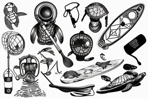 old diving helmet with sea turtle and stand-up paddle board tattoo idea