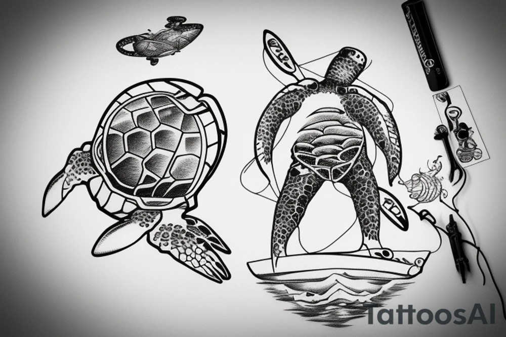 old diving helmet with sea turtle and stand-up paddle board. sea wave tattoo idea